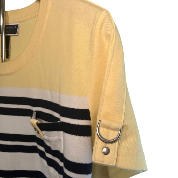 Karen Scott Sport Petites Top Yellow Stripe Pocket D-Ring Detail Short Sleeve - Picture 3 of 6